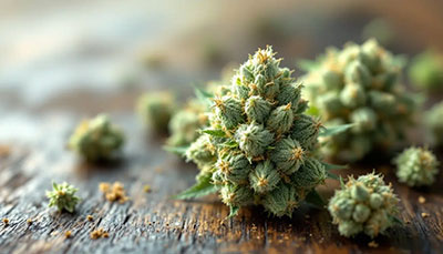 Grosses buds de fleurs de CBD posées sur une table en bois